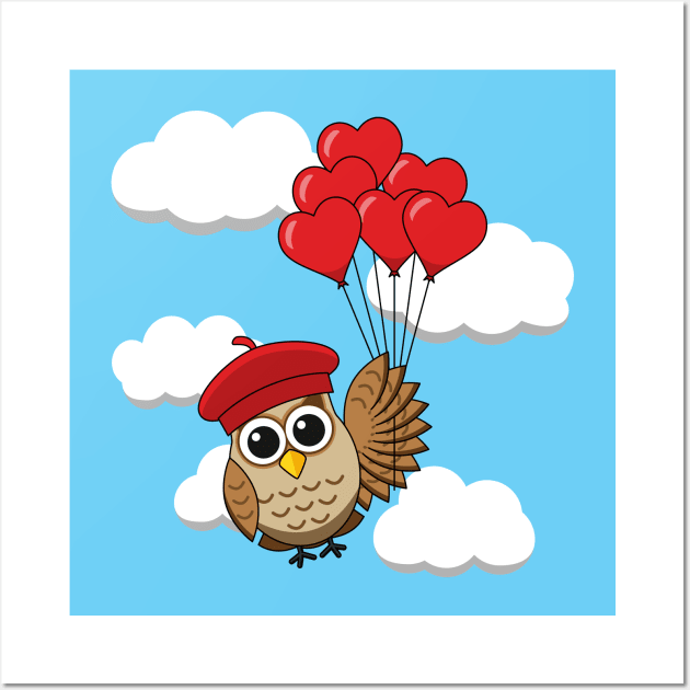 Cute Owl Flying with Heart Balloons in Blue Sky Wall Art by BirdAtWork